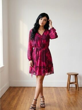 Simply Vera Vera Wang Fuchsia Floral V-Neck Long Sleeve Dress